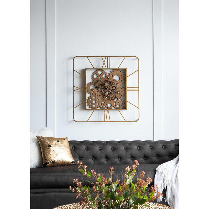 32" Square Gold Metal and Glass Analog Exposed Gear Wall Clock