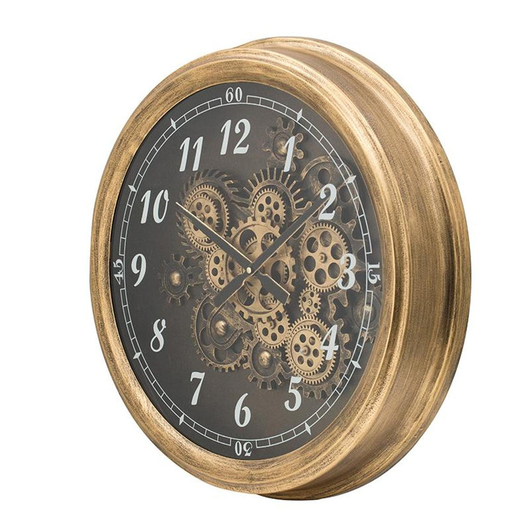 21" Circle Black and Gold Wood and Glass Analog Exposed Gear Wall Clock