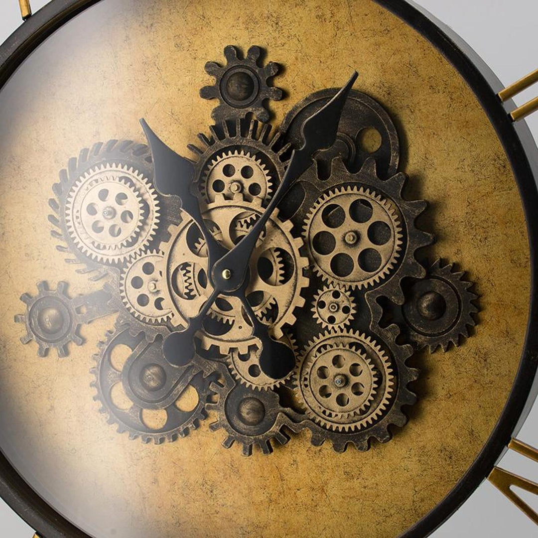 21" Circle Black and Gold Wood and Glass Analog Exposed Gear Wall Clock