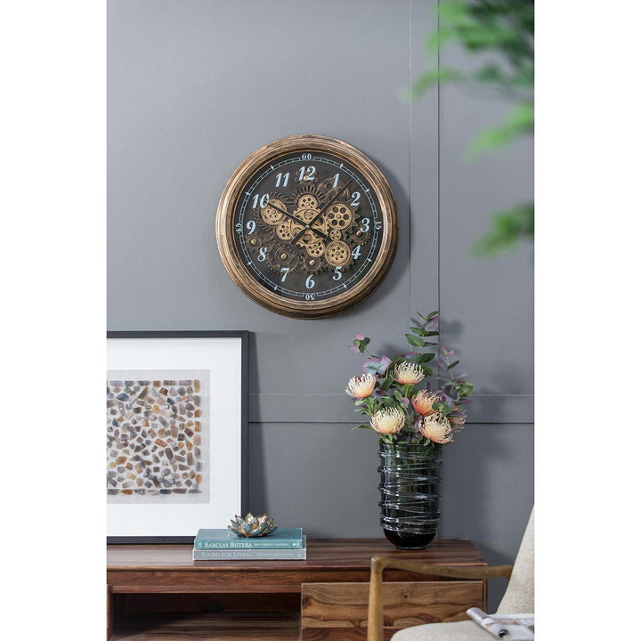 21" Circle Black and Gold Wood and Glass Analog Exposed Gear Wall Clock