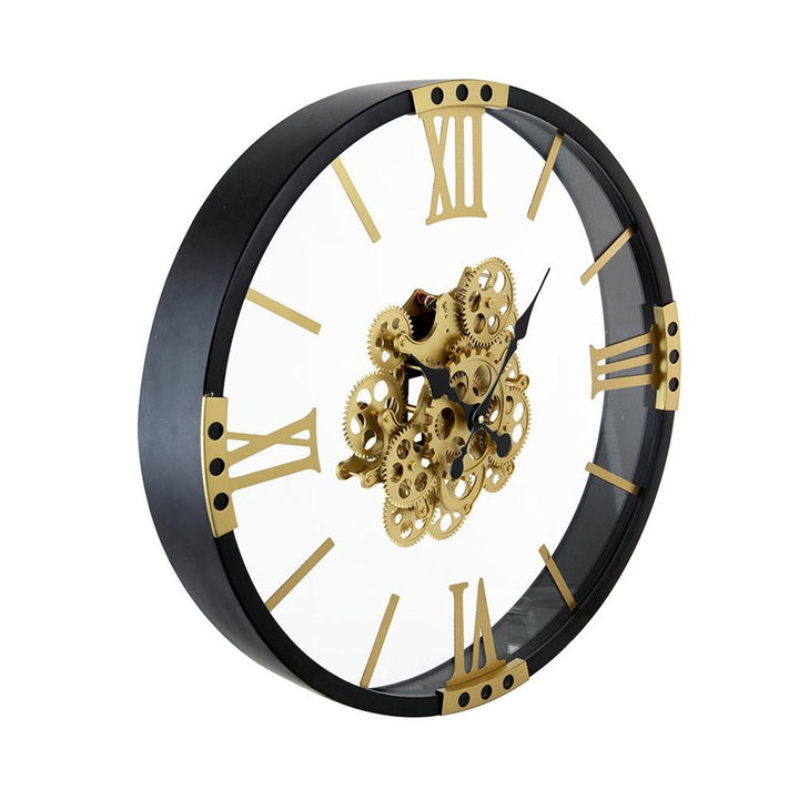 24" Circle Black and Gold Metal and Glass Analog Exposed Gear Wall Clock