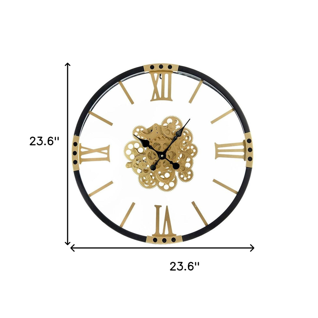 24" Circle Black and Gold Metal and Glass Analog Exposed Gear Wall Clock