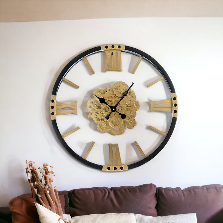 24" Circle Black and Gold Metal and Glass Analog Exposed Gear Wall Clock