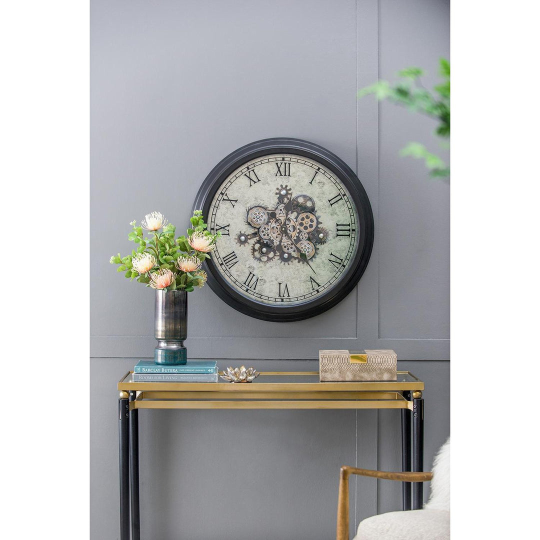 28" Circle Black and Gray Wood and Glass Analog Exposed Gear Wall Clock