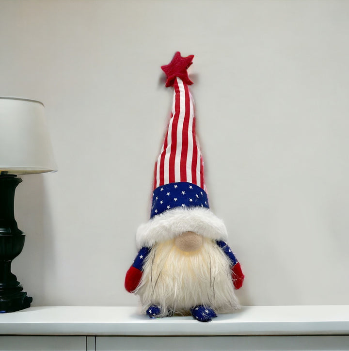 14" Red White and Blue Fabric Standing Gnome Tabletop Sculpture With LED