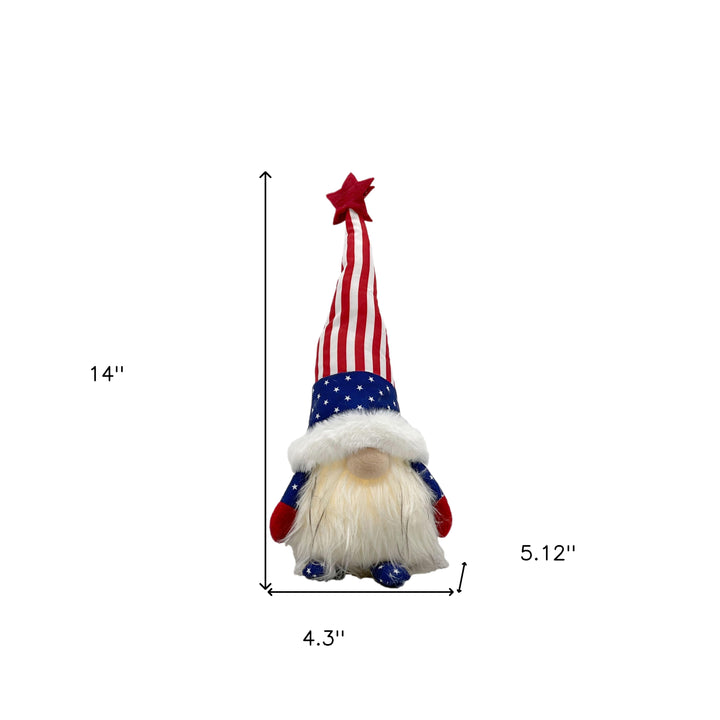 14" Red White and Blue Fabric Standing Gnome Tabletop Sculpture With LED