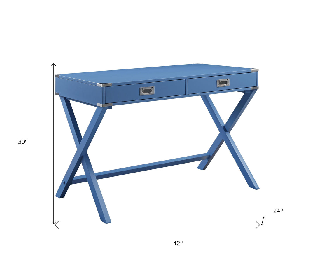 42" Blue Writing Desk With Two Drawers