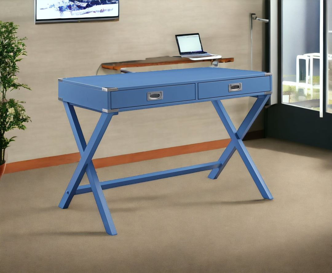 42" Blue Writing Desk With Two Drawers