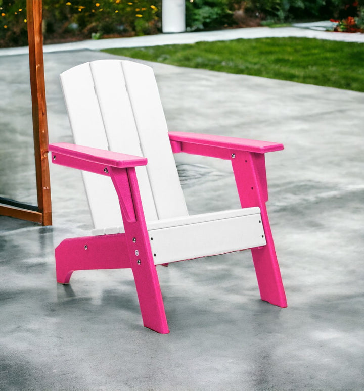 23" White and Pink Heavy Duty Plastic Kid Size Outdoor Adirondack Chair