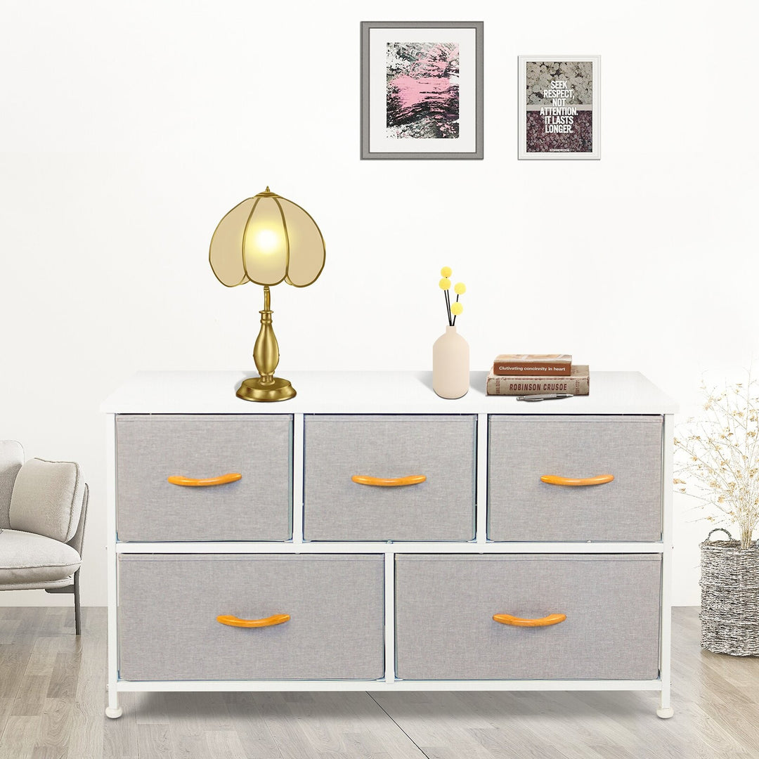 39" White and Gray Steel and Fabric Five Drawer Dresser