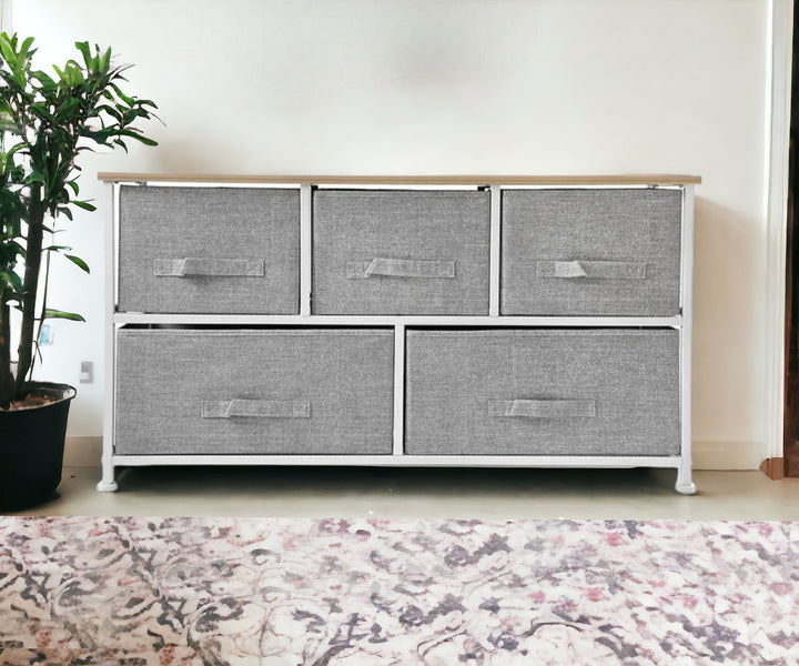 39" Gray and White Steel and Fabric Five Drawer Dresser