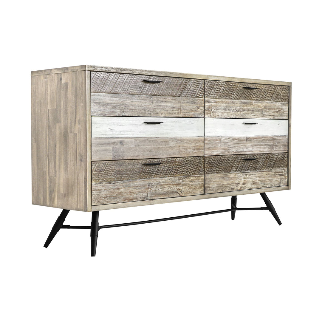 63" Natural and Ivory Multi Tonal Rustic Solid Wood Six Drawer Double Dresser