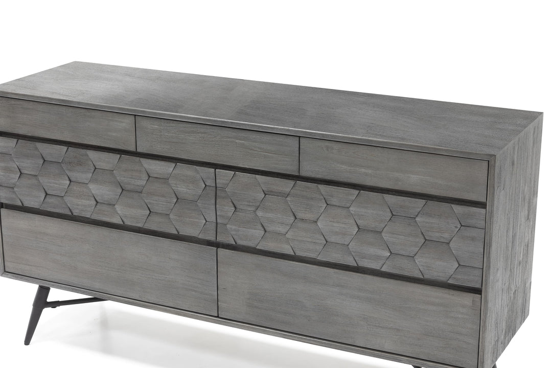 61" Gray Honeycomb Carved Solid Wood Six Drawer Double Dresser