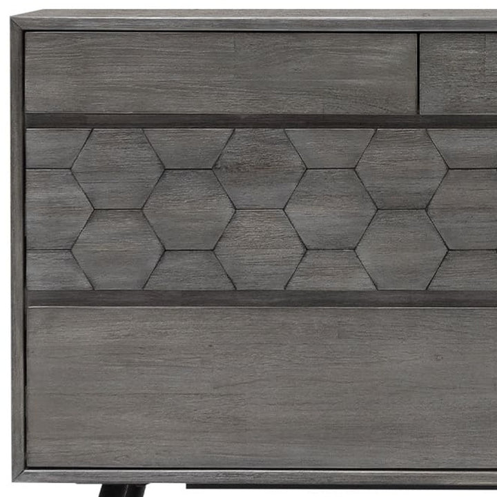 61" Gray Honeycomb Carved Solid Wood Six Drawer Double Dresser