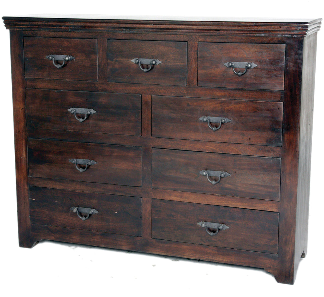 60" Brown Distressed Solid And Reclaimed Wood Nine Drawer Double Dresser