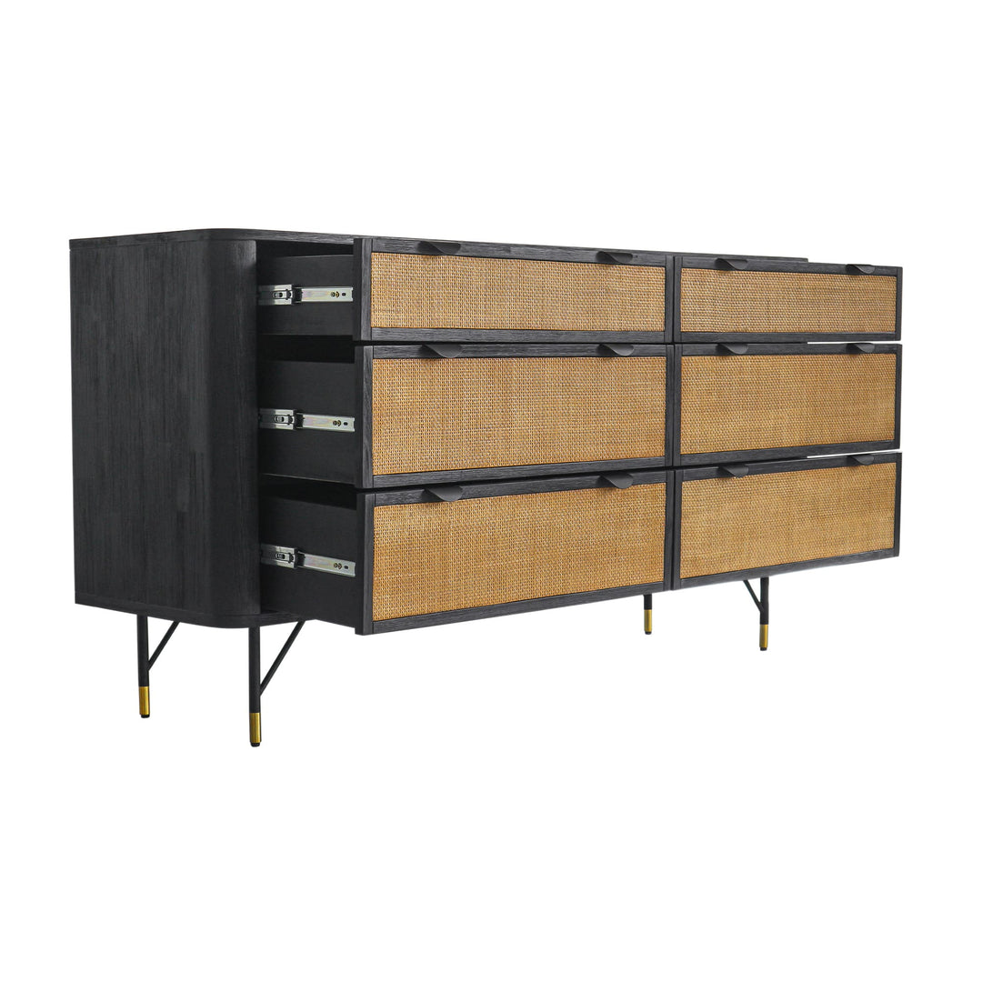 61" Natural and Black Solid Wood And Rattan Six Drawer Double Dresser