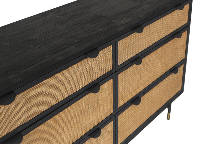 61" Natural and Black Solid Wood And Rattan Six Drawer Double Dresser