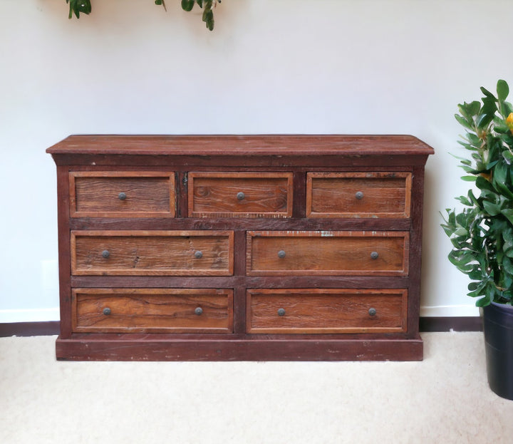 64" Brown Distressed Solid and Reclaimed Wood Seven Drawer Double Dresser