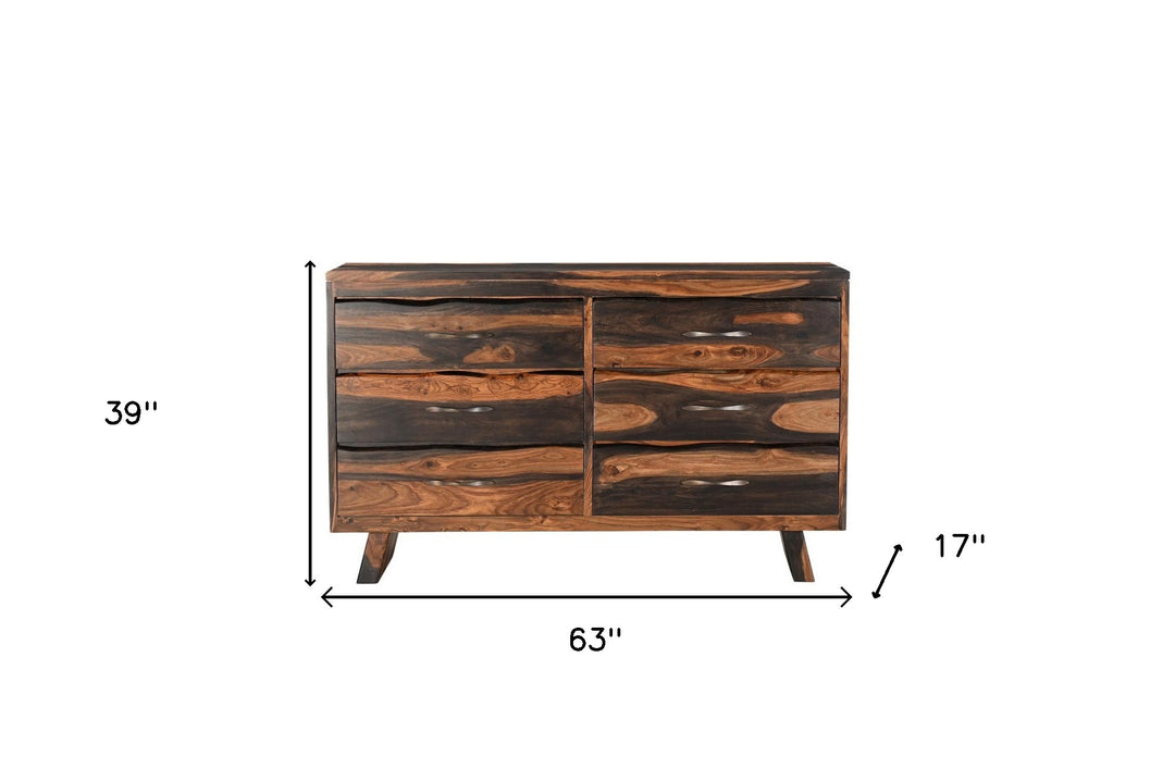 63" Dark Brown Solid Wood Live Edge Six Drawer Double Dresser