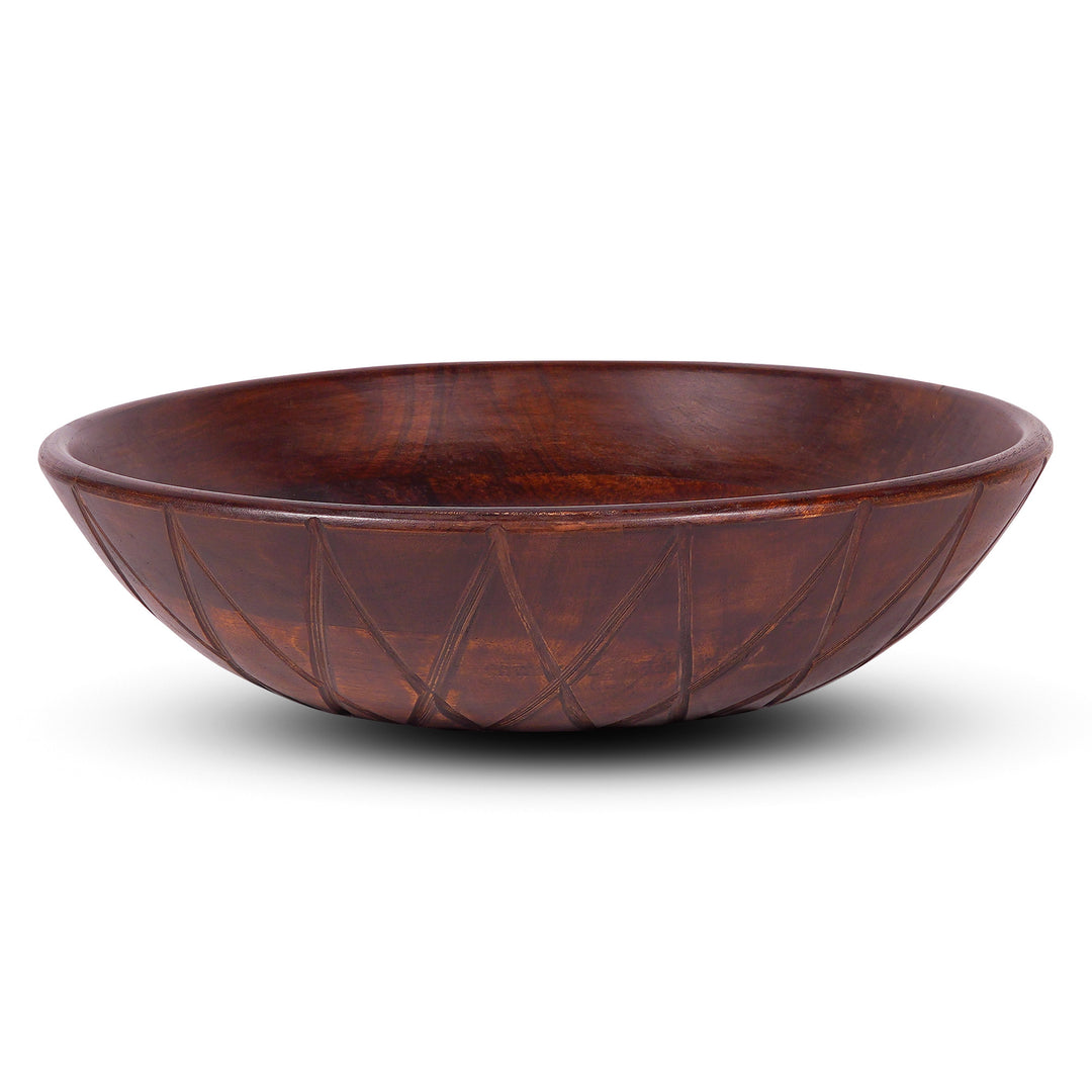 12" Brown Geo Carved Edge Wood Low Centerpiece Bowl