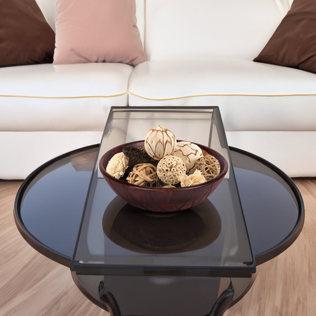 12" Brown Geo Carved Edge Wood Low Centerpiece Bowl