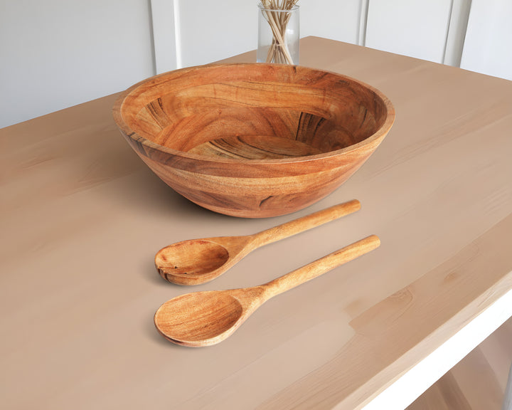 Three Piece Natural Acacia Wood Salad Bowl and Servers Set