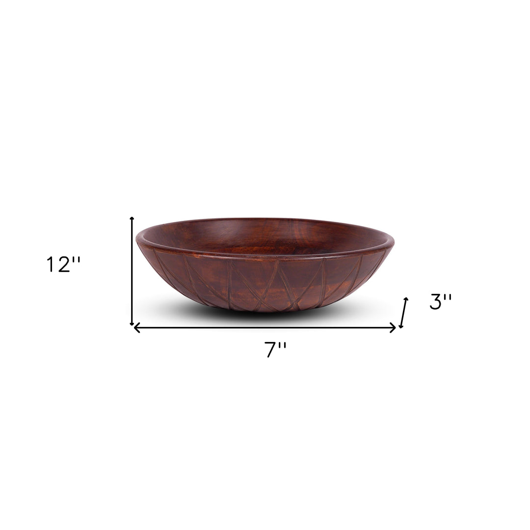 12" Brown Geo Carved Edge Wood Low Centerpiece Bowl