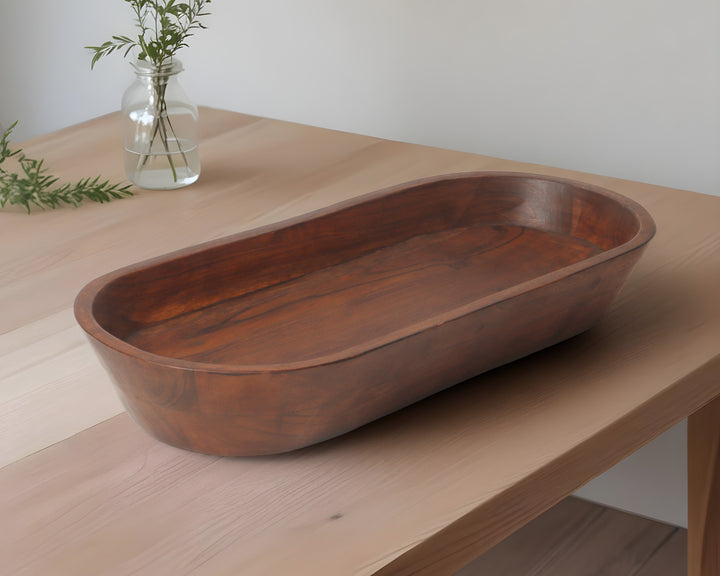 22" Dark Brown Acacia Wood Oval Centerpiece Dough Bowl