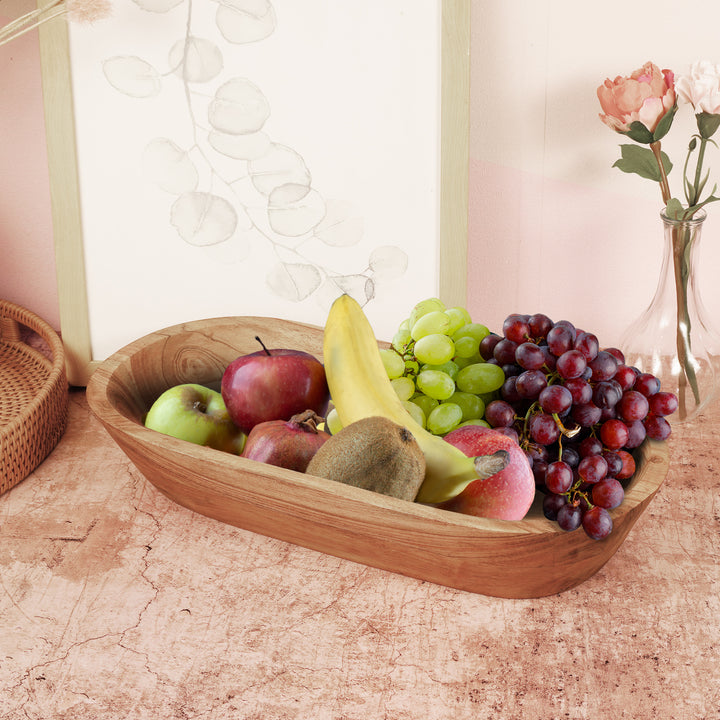 17" Natural Brown Acacia Wood Oval Centerpiece Dough Bowl