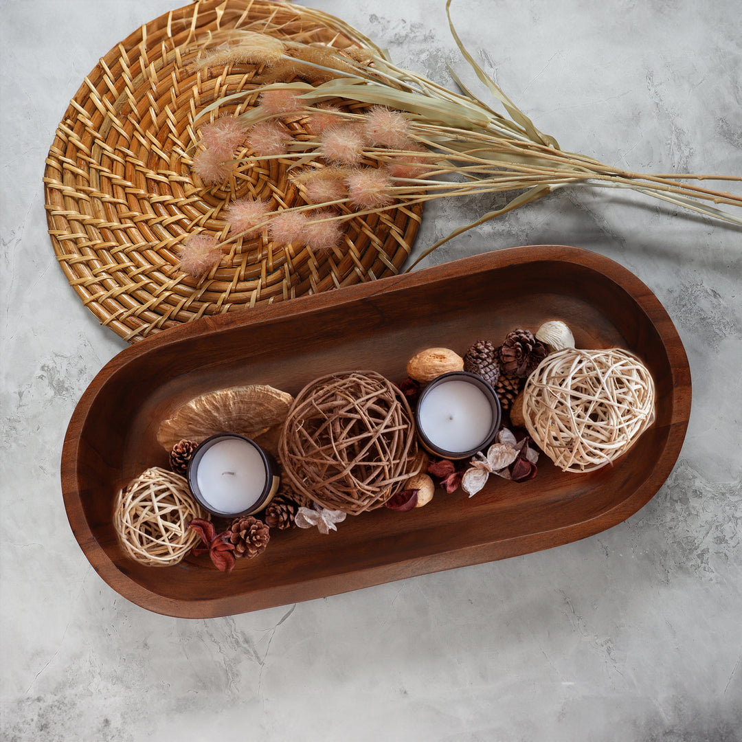 17" Dark Brown Acacia Wood Oval Centerpiece Dough Bowl