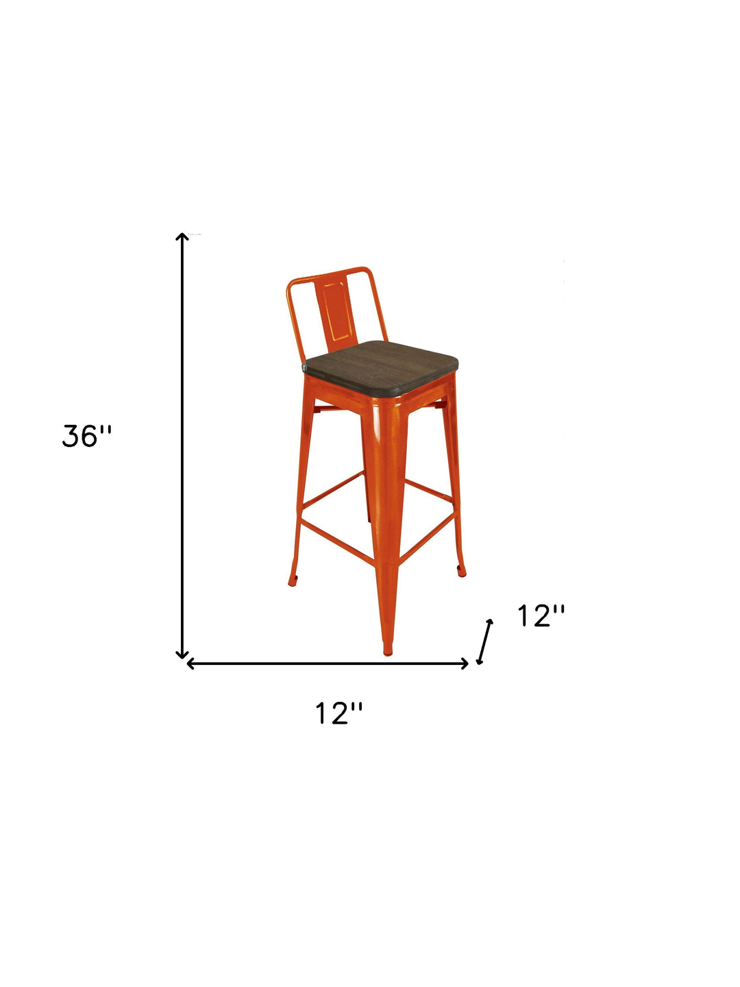 Set of Four 30" Brown And Orange Wood And Steel Low Back Bar Height Bar Chairs