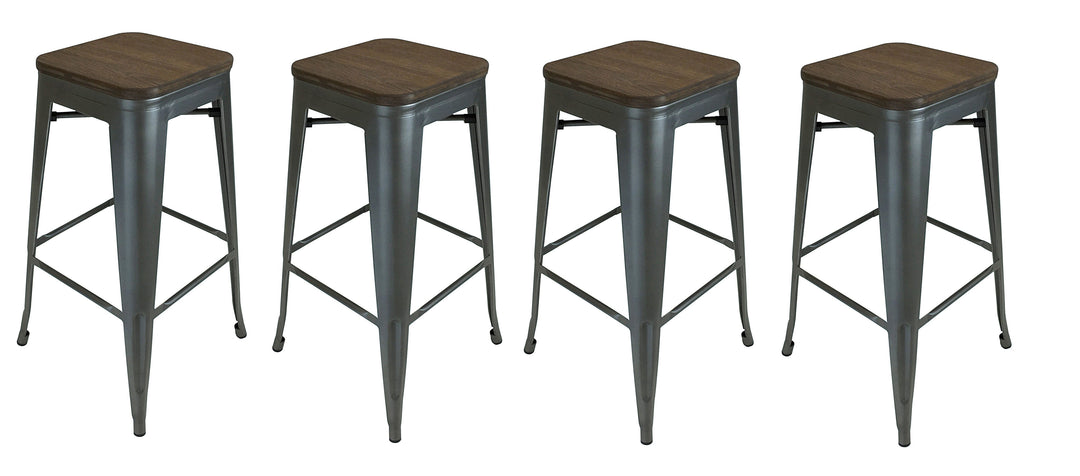 Set of Four 30" Brown And Gunmetal Steel Backless Bar Height Bar Chairs