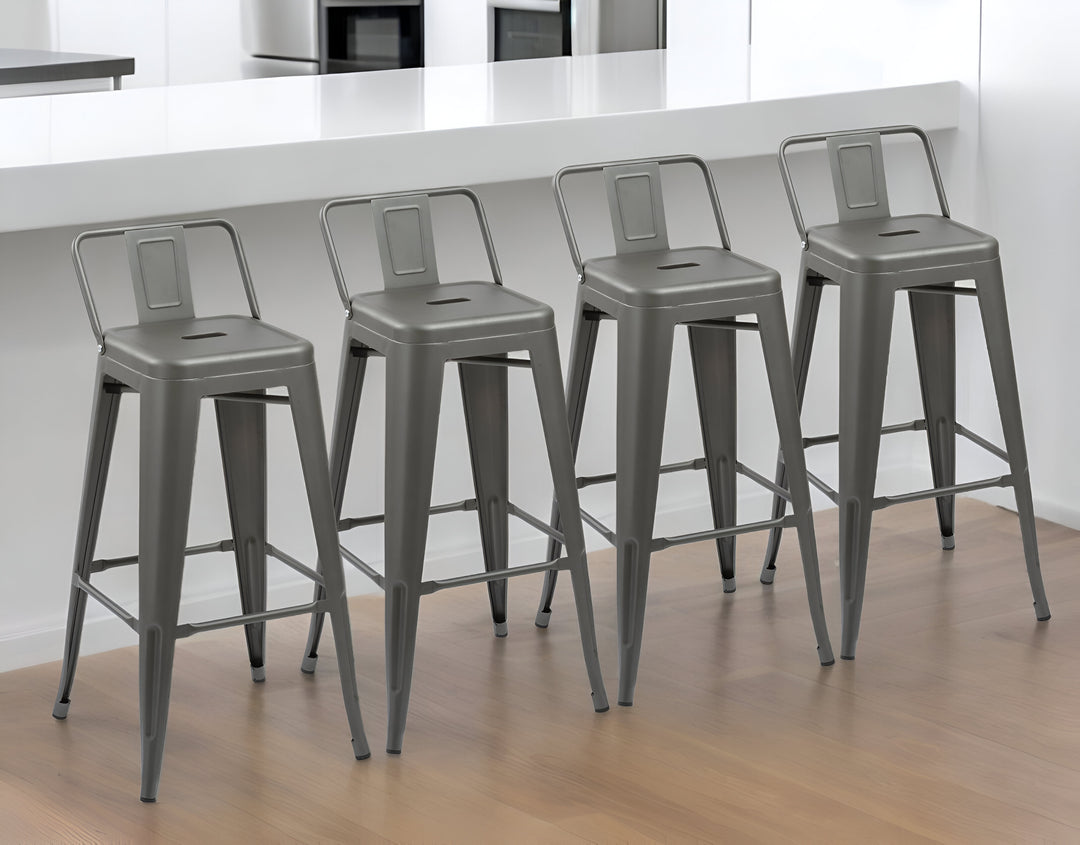 Set of Four 26" Gray Metal Low Back Counter Height Bar Chairs