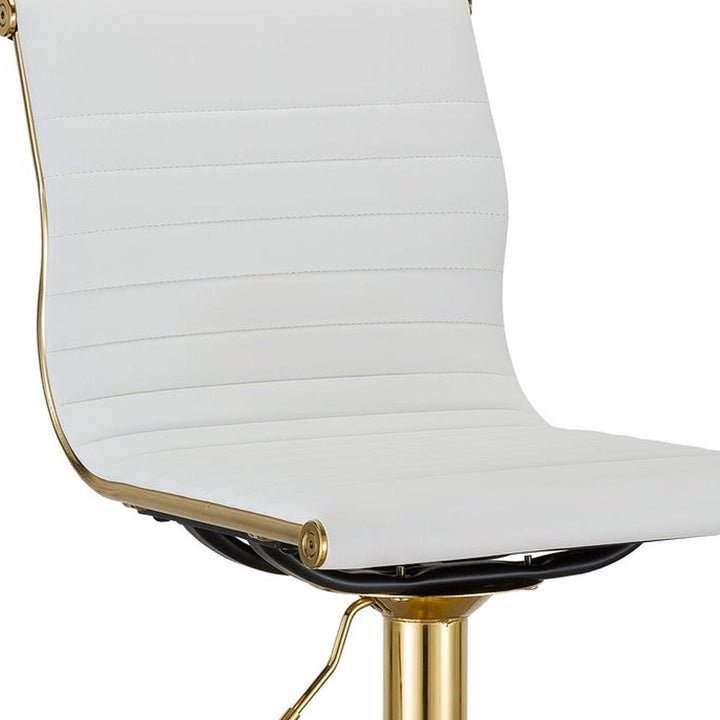 Set of Two White And Gold Faux Leather And Metal Low Back Adjustable Height Bar Chairs