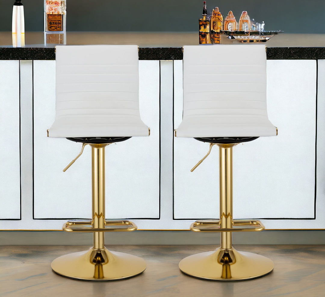 Set of Two White And Gold Faux Leather And Metal Low Back Adjustable Height Bar Chairs