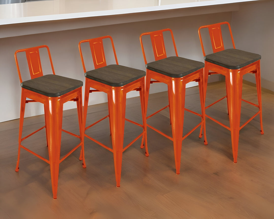 Set of Four 26" Brown And Orange Wood And Metal Low Back Counter Height Bar Chairs