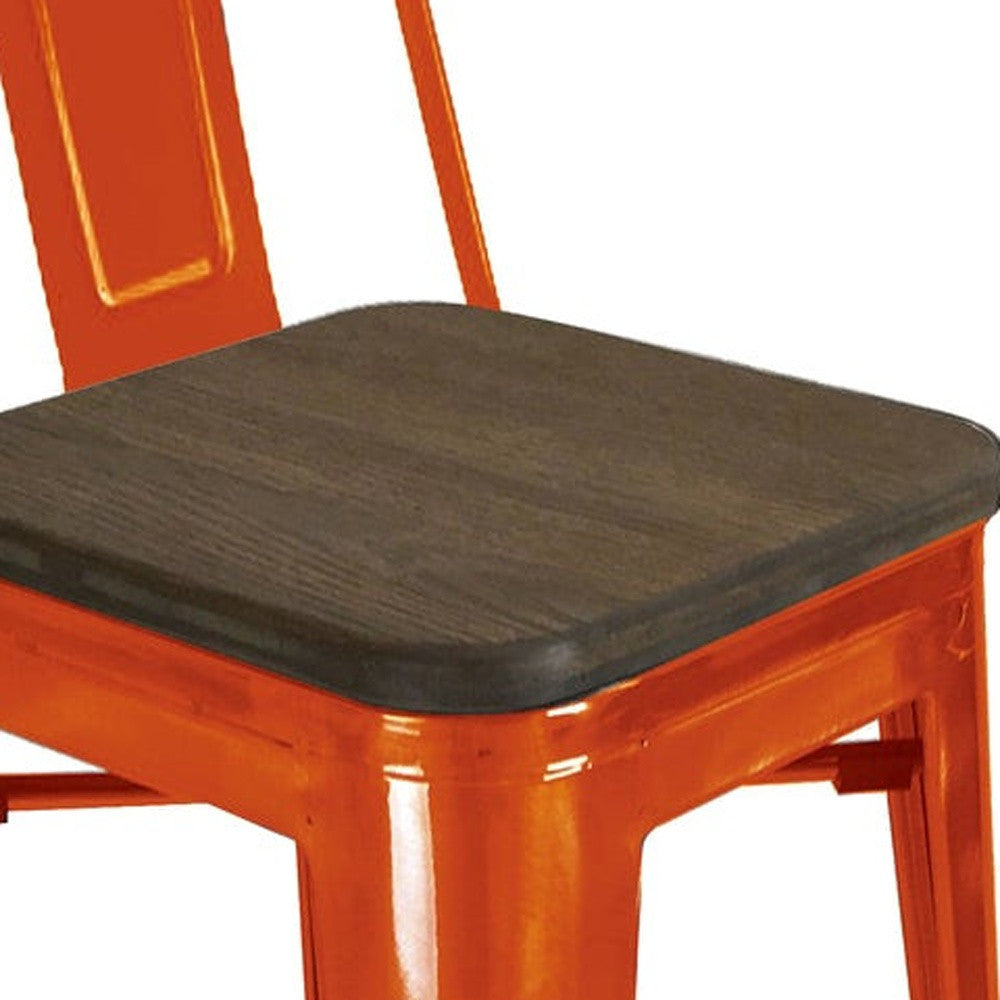 Set of Four 26" Brown And Orange Wood And Metal Low Back Counter Height Bar Chairs