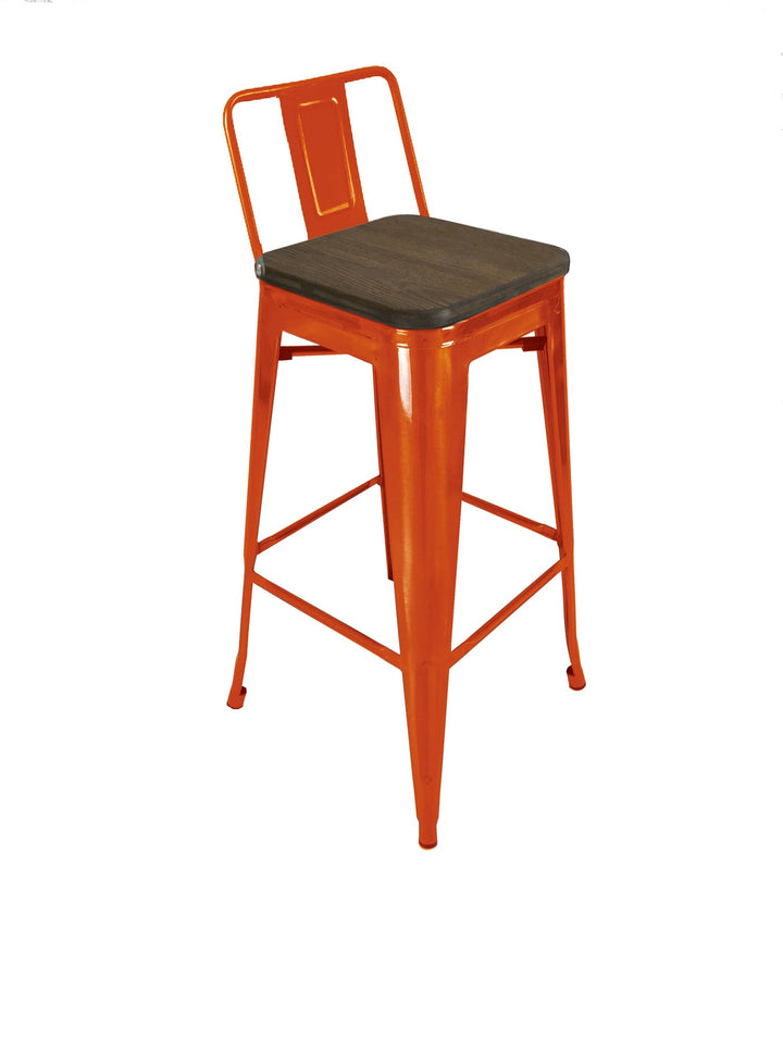 Set of Four 26" Brown And Orange Wood And Metal Low Back Counter Height Bar Chairs