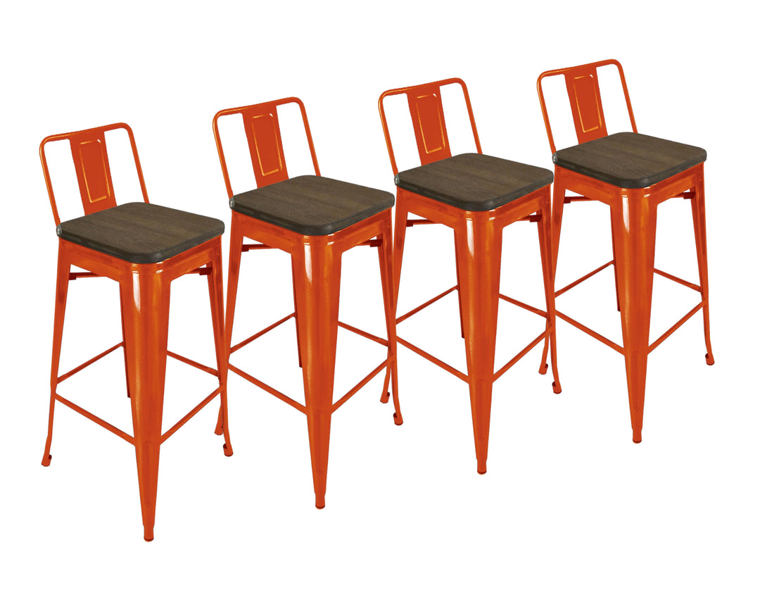 Set of Four 26" Brown And Orange Wood And Metal Low Back Counter Height Bar Chairs