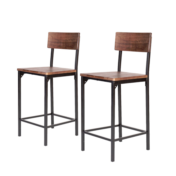 Set of Two 25" Brown And Black Reclaimed Wood And Metal Counter Height Bar Chairs