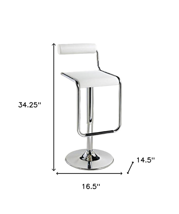 White And Silver Faux Leather And Metal Low Back Adjustable Height Bar Chair