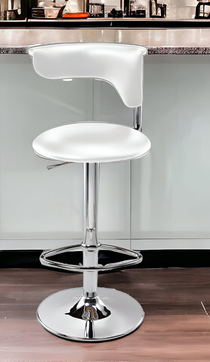 White And Silver Faux Leather And Metal Low Back Adjustable Height Bar Chair