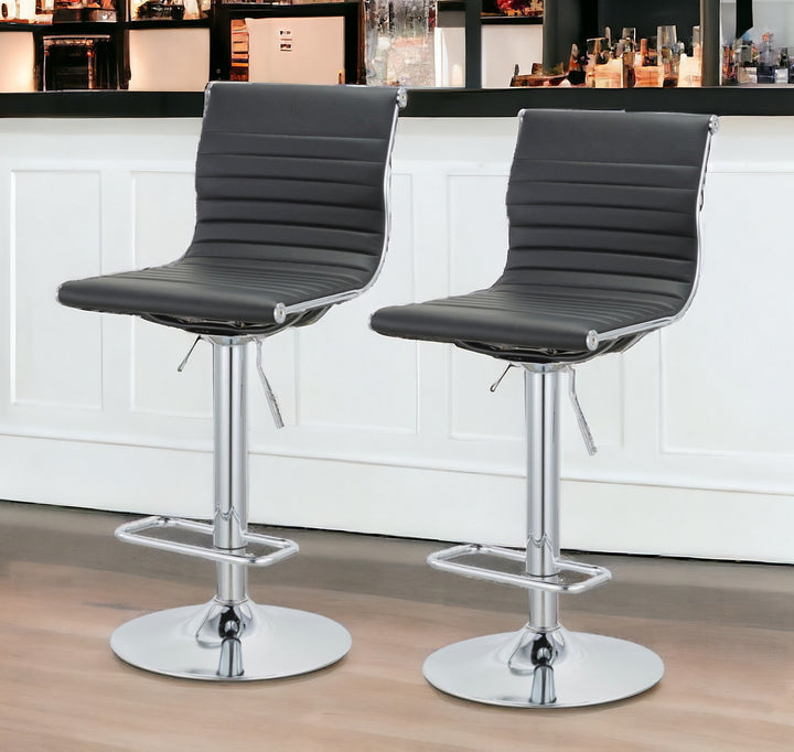 Set of Two Black And Silver Faux Leather And Metal Low Back Adjustable Height Bar Chairs