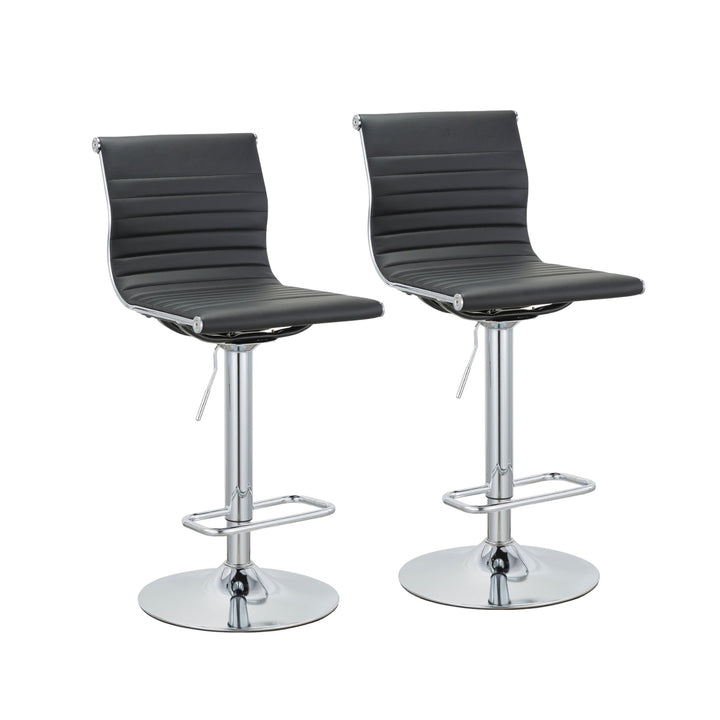 Set of Two Black And Silver Faux Leather And Metal Low Back Adjustable Height Bar Chairs