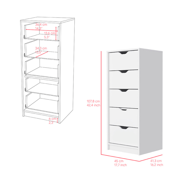 18" White Five Drawer Standard Chest