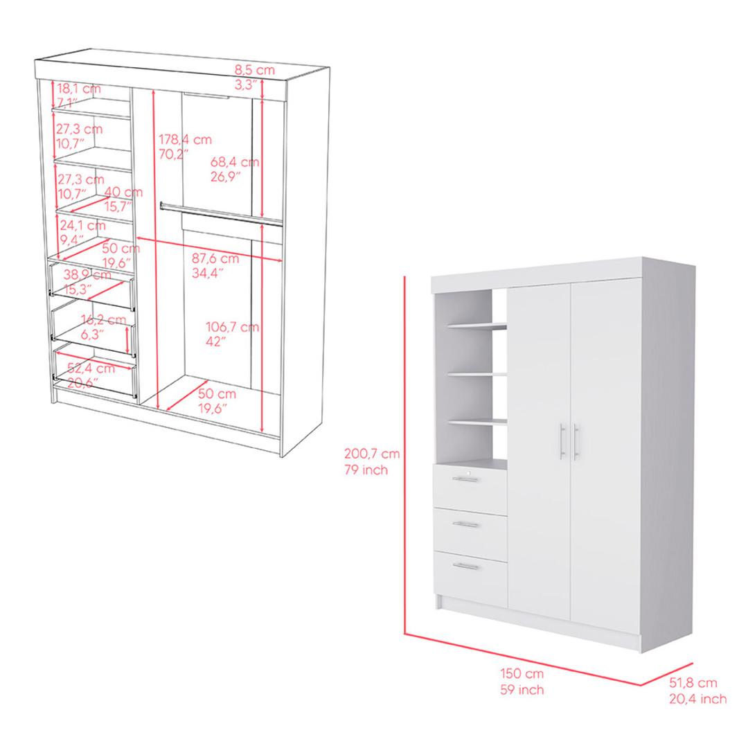 59" White Three Drawer Combo Dresser