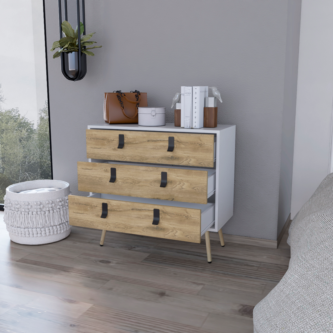 32" White and Natural Three Drawer Dresser