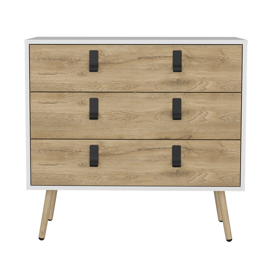 32" White and Natural Three Drawer Dresser