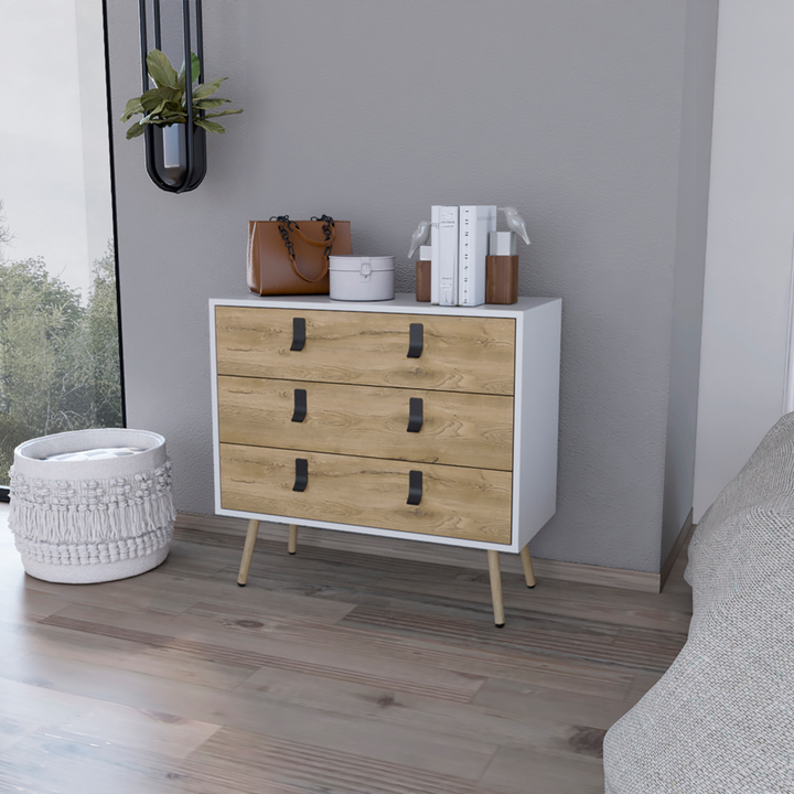 32" White and Natural Three Drawer Dresser