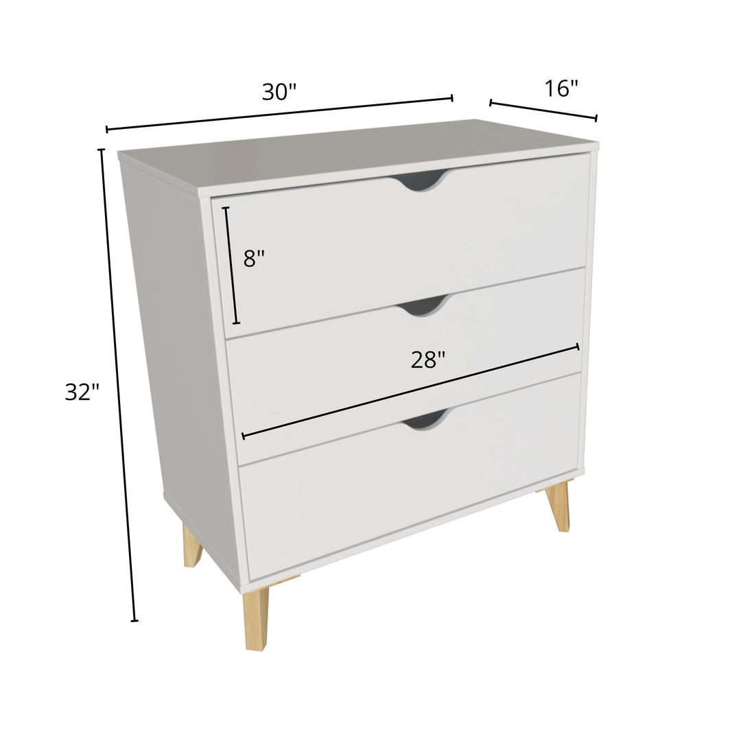 30" White Three Drawer Dresser